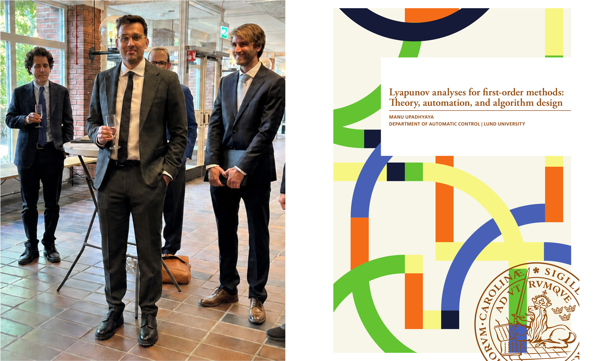 Manu Upadhyaya after his PhD defense beside the front cover of his thesis